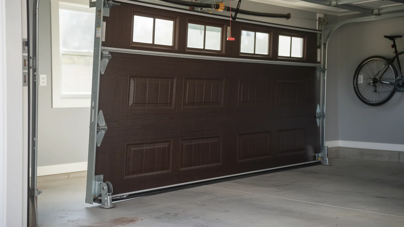 The brown garage door with windows is partially open.