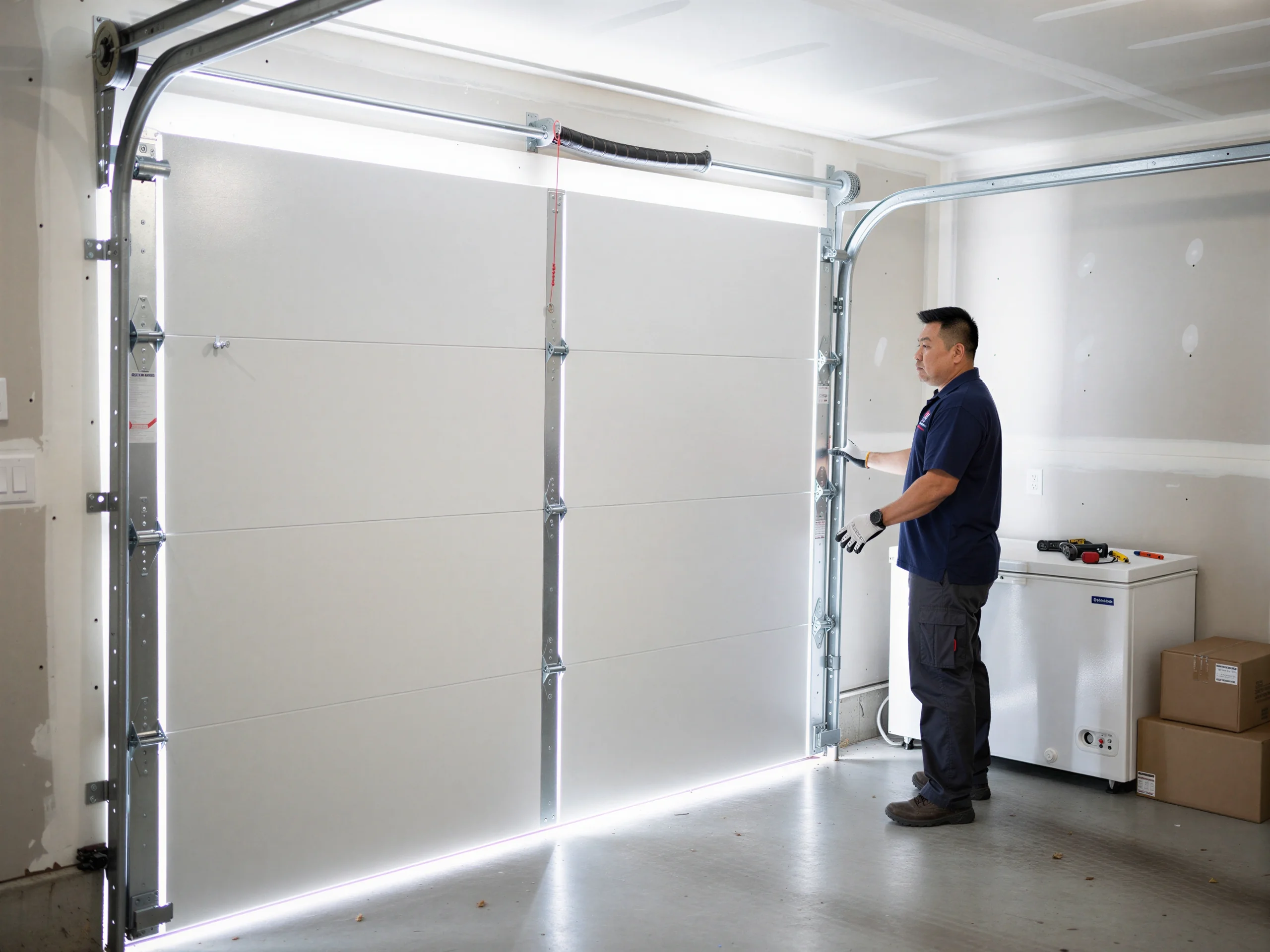 A technician in a blue shirt adjusts a white garage door.